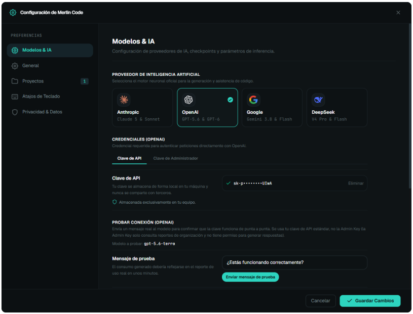 Configuración de MerlinCode con cuatro proveedores y una credencial enmascarada.