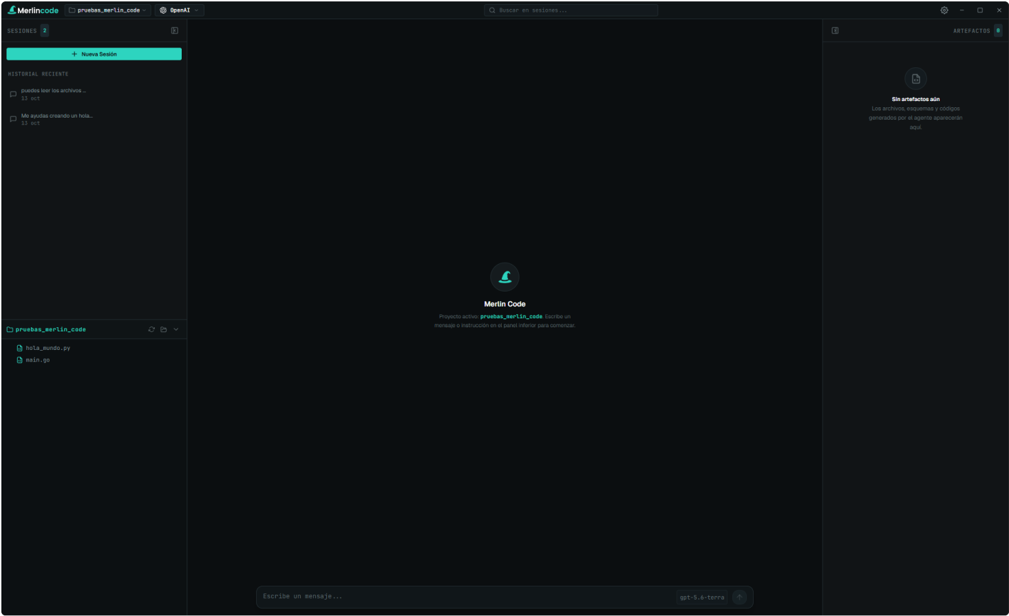 Pantalla principal de MerlinCode con selector de proyecto, historial, explorador de archivos y chat.